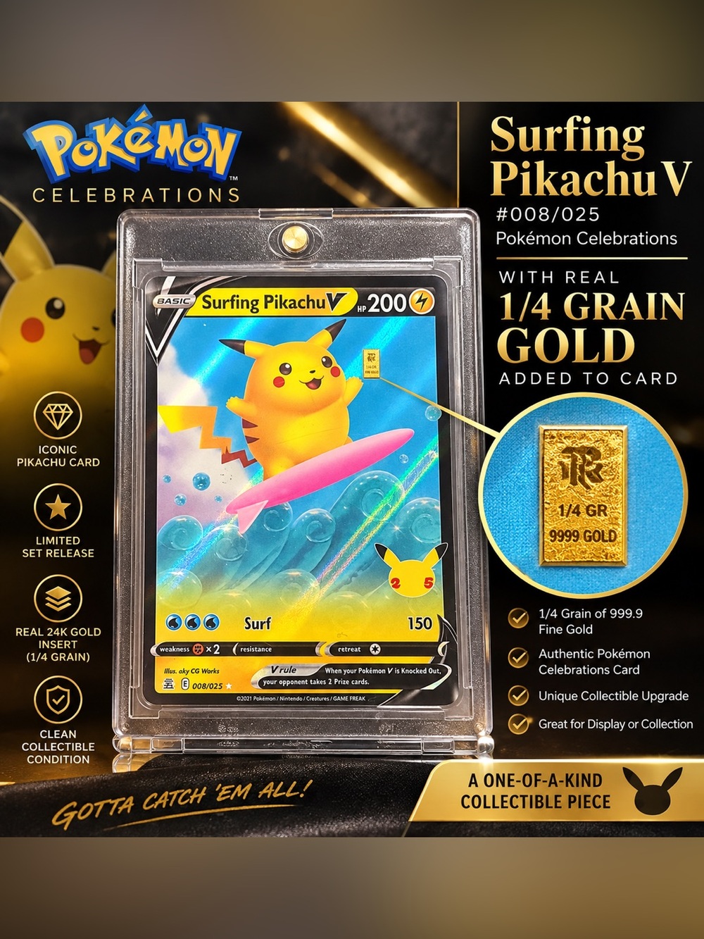 Surfing Pikachu V Collectible Card - 008/025 w/Gold 1/4 Grain 24kt Added to Card